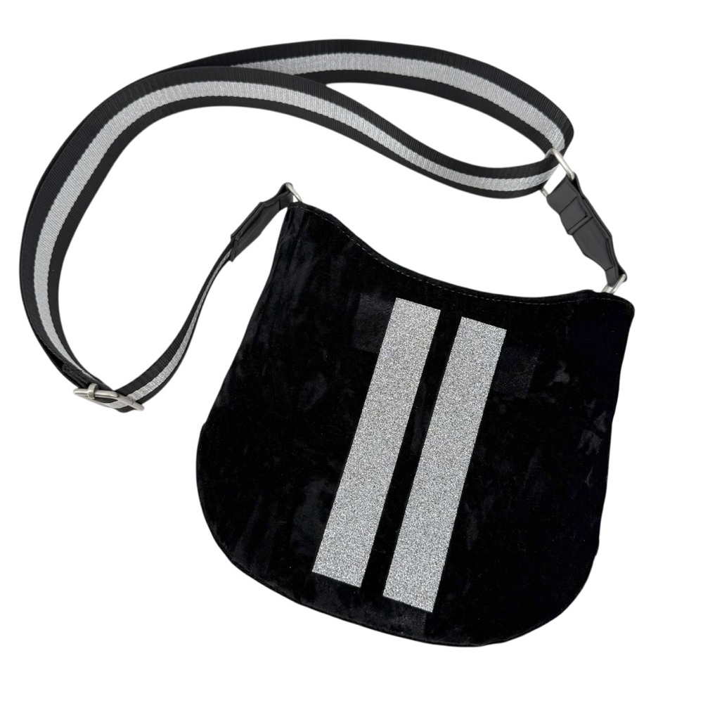 Koala Kanvas Black Velvet Crossbody Bag Silver Stripe Medium Adjustable Zipper
